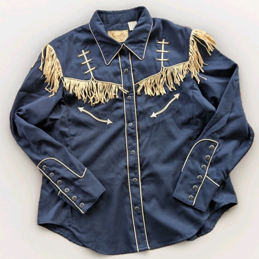 Scully Womens L Western Shirt Blue-Pearl Snaps Fringe-Rodeo Cowgirl Barrel Fancy
